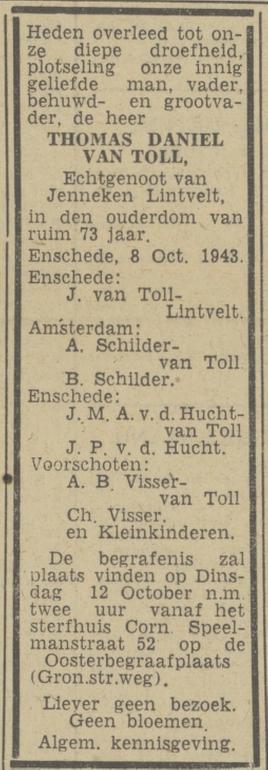Cornelis Speelmanstraat 52 Thomas Daniel van Toll overlijdensadvertentie Twentsch nieuwsblad 9-10-1943.jpg