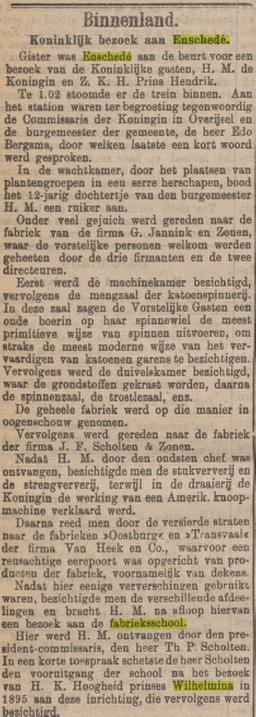 Bezoek Wilhelmina fabrieksschool Enschede krantenbericht 26-7-1907.jpg