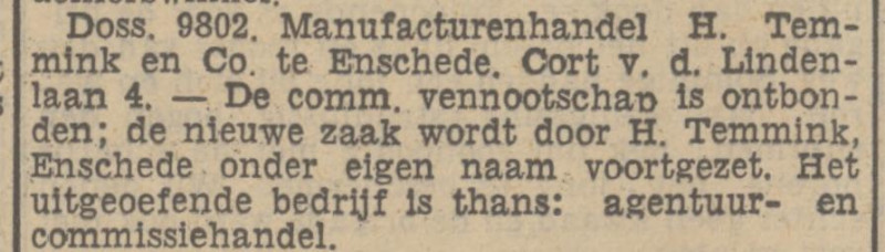 Cort van der Lindenlaan 4 agentuur- en commissiehandel H. Temmink krantenbericht Tubantia 5-2-1938.jpg