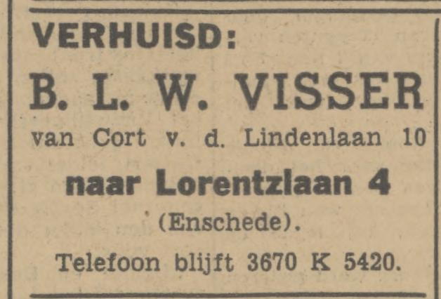 Cort van der Lindenlaan 10 B.L.W. Visaser advertentie Tubantia 1-6-1942.jpg