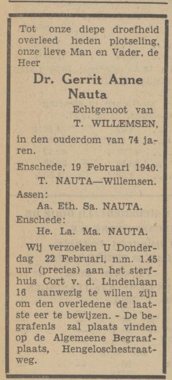 Cort van der Lindenlaan 16 Dr. G.A. Nauta overlijdensadvertentie Tubantia 20-2-1940.jpg