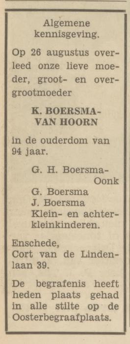 Cort van der Lindenlaan 39 Wed. K. Boersma-van Hoorn overlijdensadvertentie Tubantia 29-8-1966.jpg