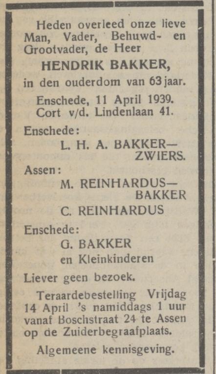 Cort van der Lindenlaan 41 Hendrik Bakker overlijdensadvertentie 12-4-1939.jpg