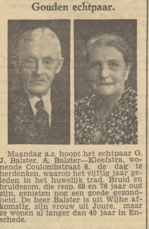 Coulombstraat 6 G.J. Balster krantenbericht Tubantia 23-9-1949.jpg