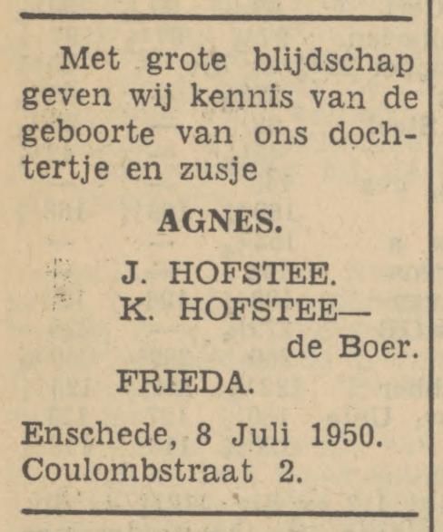 Coulombstraat 2 J. Hofstee advertentie Tubantia 10-7-1950.jpg