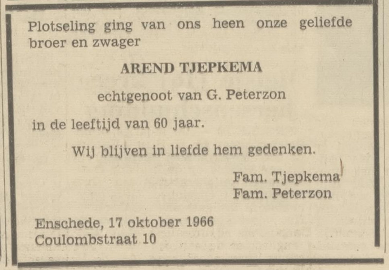 Coulombstraat 10 Arend Tjepkema overlijdensadvertentie Tubantia 19-10-1966.jpg