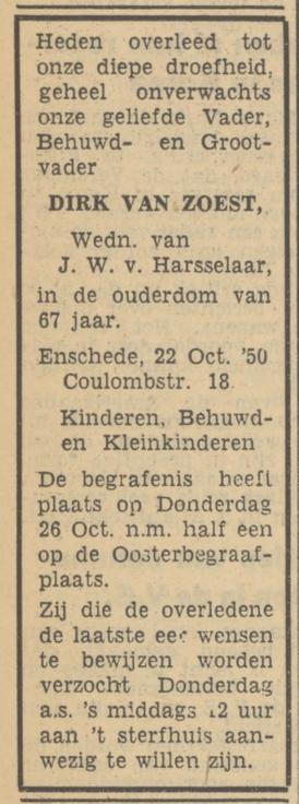 Coulombstraat 18 Dirk van Zoest overlijdensadvertentie Tubantia 24-10-1950.jpg