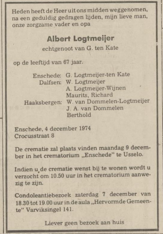 Crocusstraat 8 Albert Logtmeijer overlijdensadvertentie Tubantia 5-12-1974.jpg