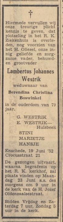Crocusstraat 21 L.J. Westrik overlijdensadvertentie Tubantia 20-8-1952.jpg