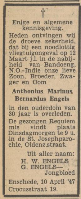 Crocusstraat 19 A.M.B. Engels overlijdensadvertentie Tubantia 10-4-1947.jpg