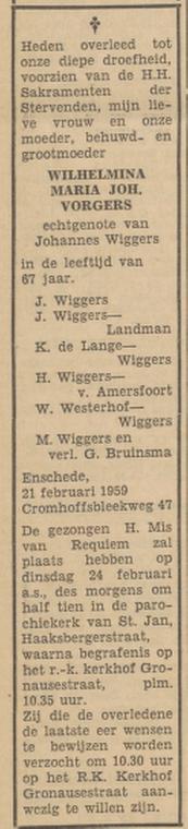Cromhoffsbleekweg 47 W.M.J. Wiggers-Vorgers overlijdensadvertentie Tubantia 23-2-1959.jpg