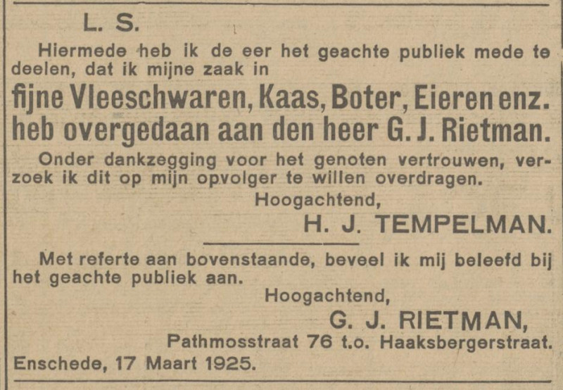 Pathmosstraat 76 G.J. Rietman vh H.J. Tempelman advertentie Tubantia 17-3-1925.jpg