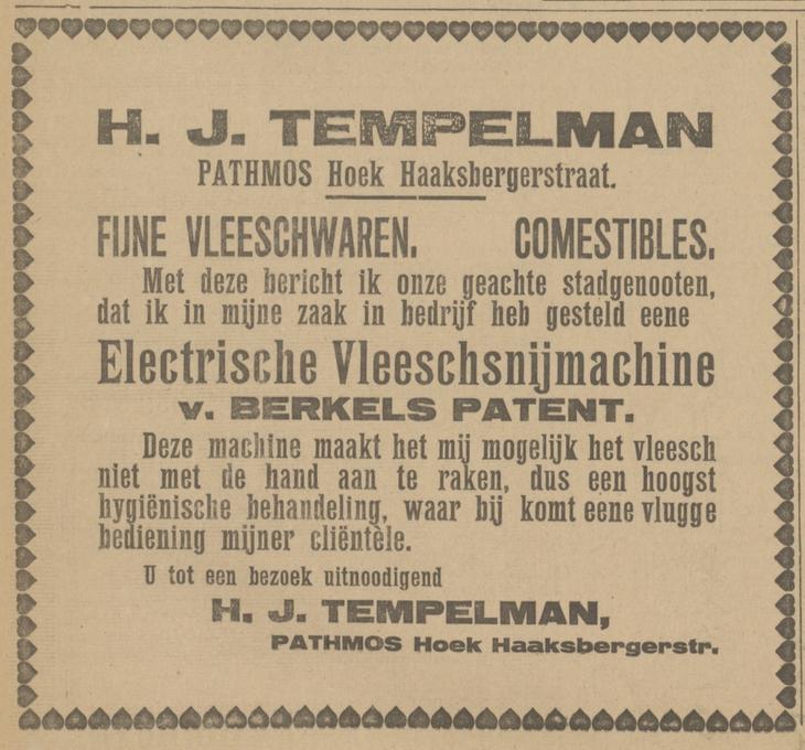 Pathmosstraat 76 H.J. Tempelman vleeswaren comestibles advertentie Tubantia 8-3-1922.jpg