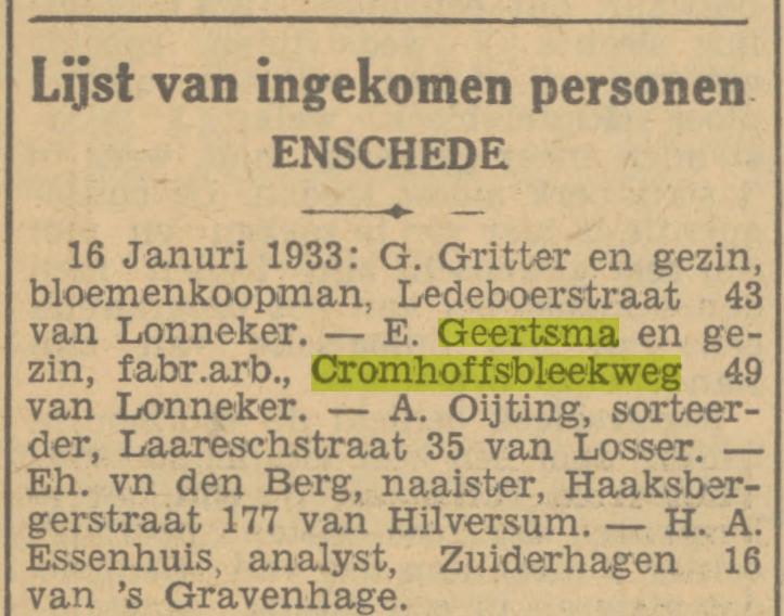 Cromhoffsbleekweg 49 E. Geertsma fabrieksarbeider krantenbericht Tubantia 6-2-01933.jpg