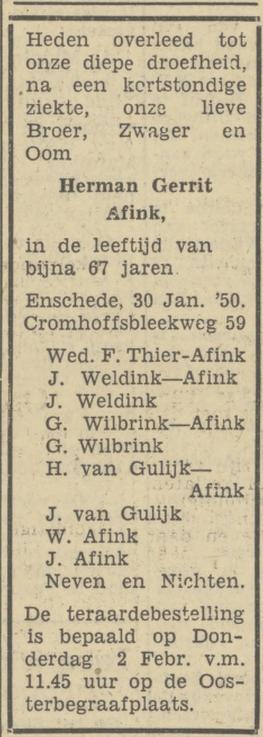Cromhoffsbleekweg 59 H.G. Afink overlijdensadvertentie Tubantia 31-1-1950.jpg