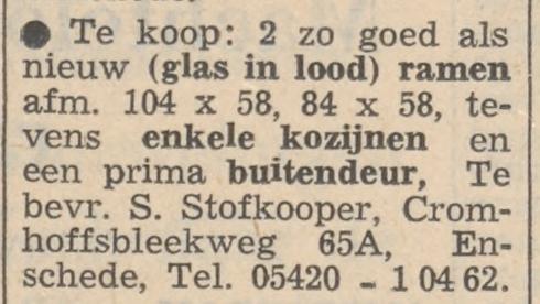 Cromhoffsbleekweg 65a S. Stofkooper advertentie Tubantia 9-8-1960.jpg