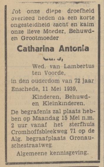 Cromhoffsbleekweg 71 Wed. C.A. ten Voorde-Care overlijdensadvertentie 11-5-1939.jpg