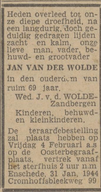 Cromhoffsbleekweg 99 Jan van der Wolde overlijdensadvertentie Twentsch nieuwsblad 3-2-1944.jpg