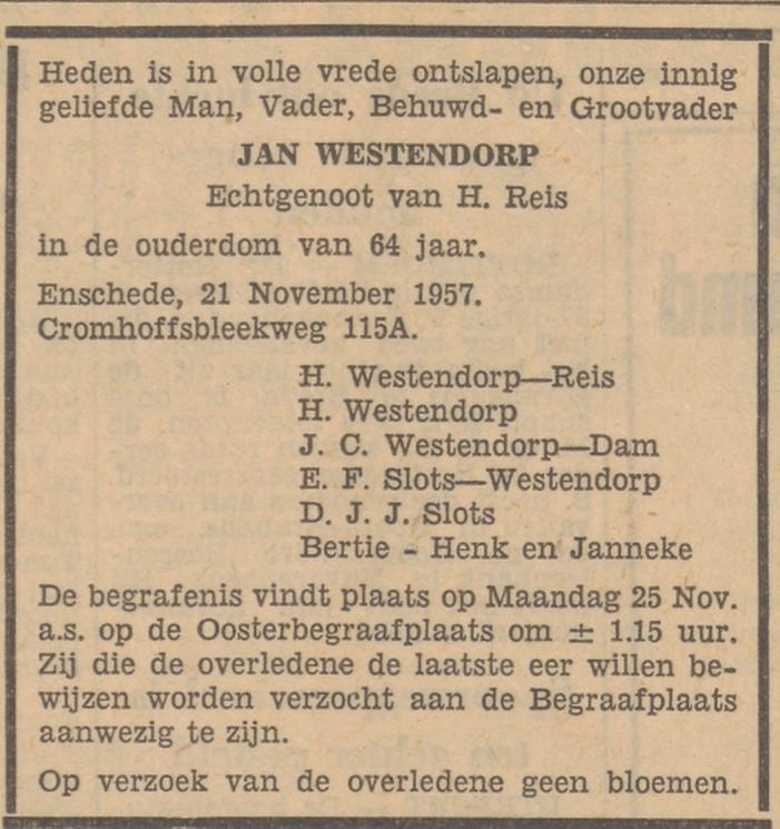 Cromhoffsbleekweg 115a Jan Westendorp overlijdensadvertentie Tubantia 21-11-1957.jpg
