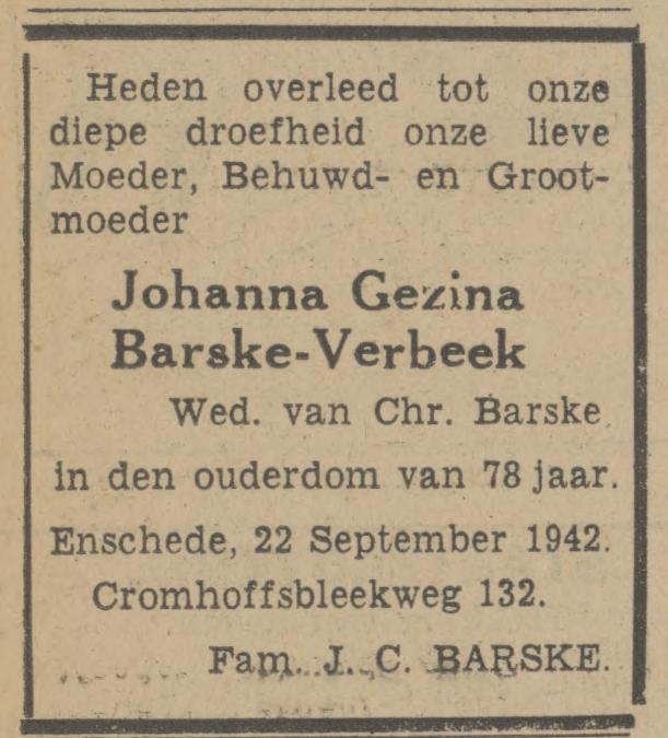 Cromhoffsbleekweg 132 J.G. Barske-Verbeek overlijdensadvertentie Ubantia 23-9-1942.jpg