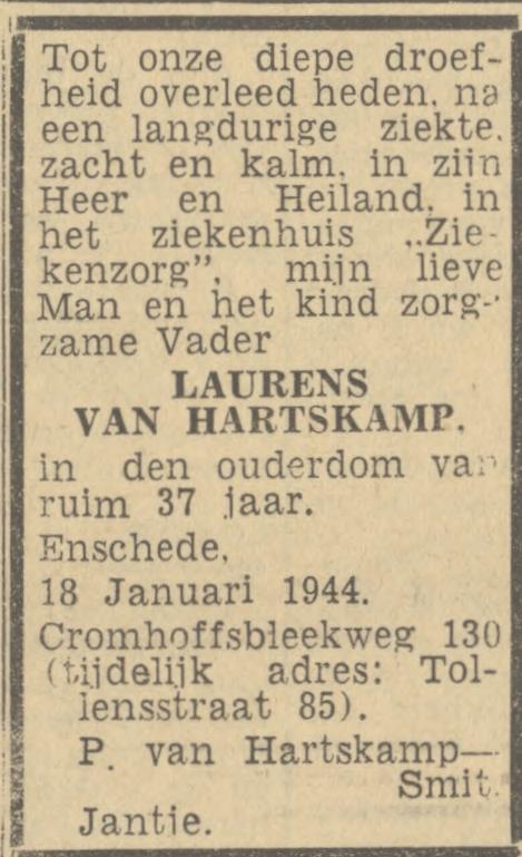 Cromhoffsbleekweg 130 Laurens van Hartskamp overlijdensadvertentie Twentsch nieuwsblad 19-1-1944.jpg