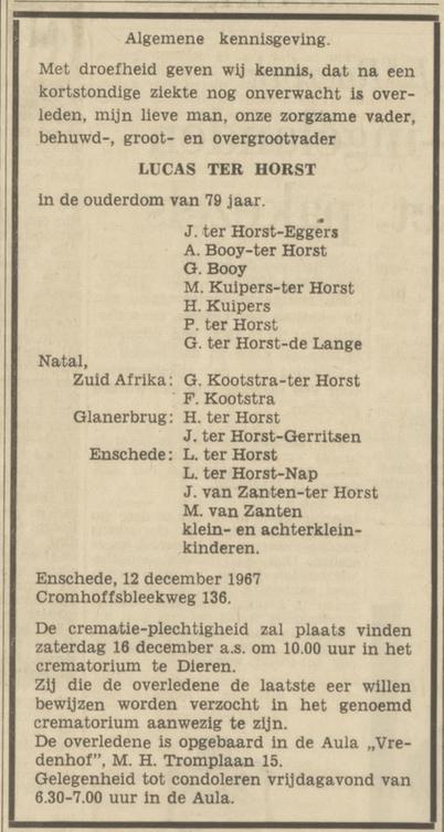 Cromhoffsbleekweg 136 Lucas ter Horst overlijdensadvertentie Tubantia 14-12-1967.jpg