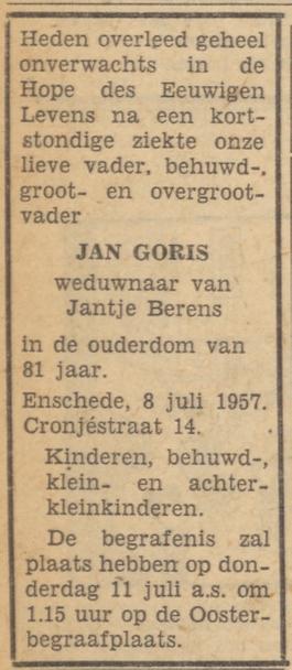 Cronjestraat 14 Jan Goris overlijdensadvertentie Tubantia 9-7-1957.jpg