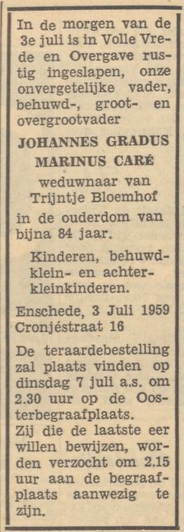Cronjestraat 16 J.G.M. Care overlijdensadvertentie Tubantia 4-7-1959.jpg