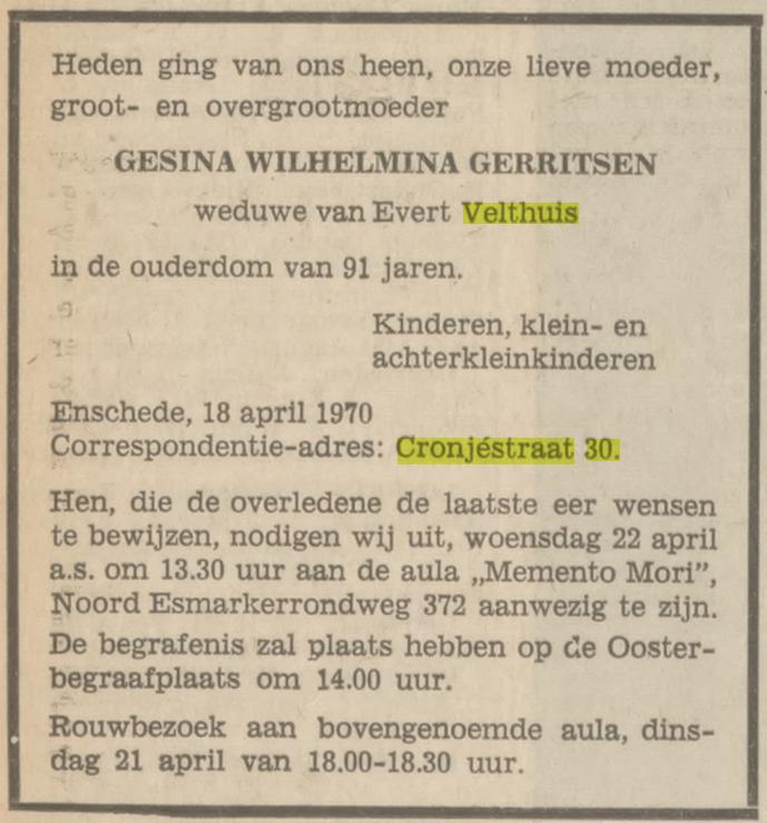 Cronjestraat 30 G.W. Velthuis-Gerritsen overlijdensadvertentie Tubantia 20-4-1970.jpg