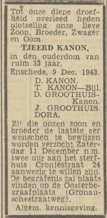 Cronjestraat 24 Tjeerd Kanon overlijdensadvertentie Twentsch nieuwsblas 10-12-1943.jpg