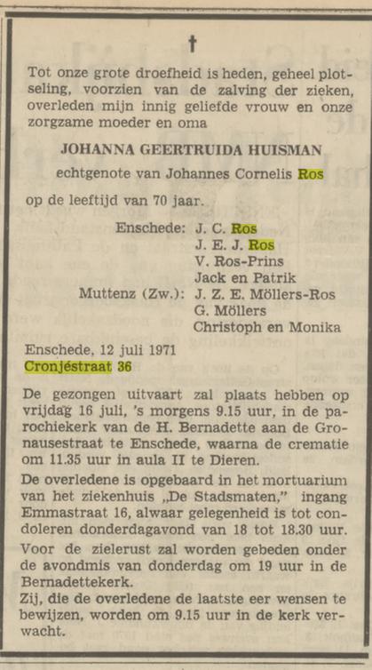 Cronjestraat 36 J.G. Ros-Huisman overlijdensadvertentie Tubantia 13-2-1971.jpg