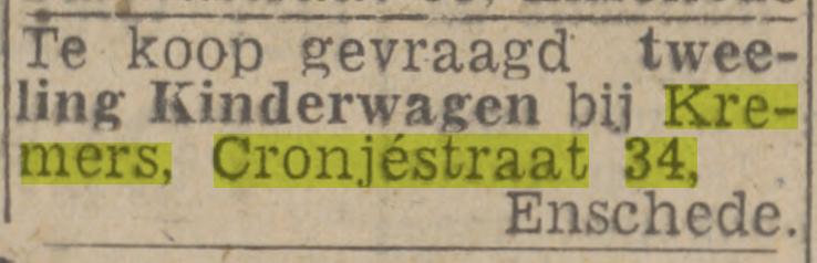 Cronjestraat 34 Kremers advertentie Twentsch nieuwsblas 27-5-1943.jpg