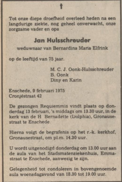 Cronjestraat 42 Jan Hulsschreuder overlijdensadvertentie Tubantia 10-2-1975.jpg