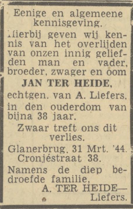 Cronjestraat 38 Jan ter Heide overlijdensadvertentie Twentsch nieuwsblad 4-4-1944.jpg