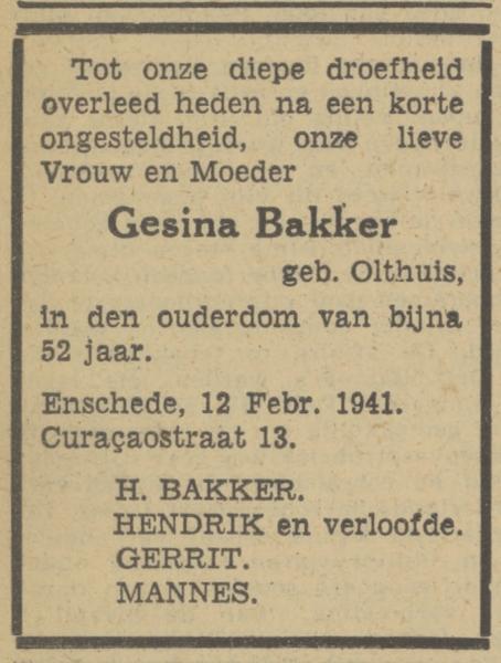 Curacaostraat 13 G. Bakker-Olthuis overlijdensadvertentie Tubantia 14-2-1941.jpg