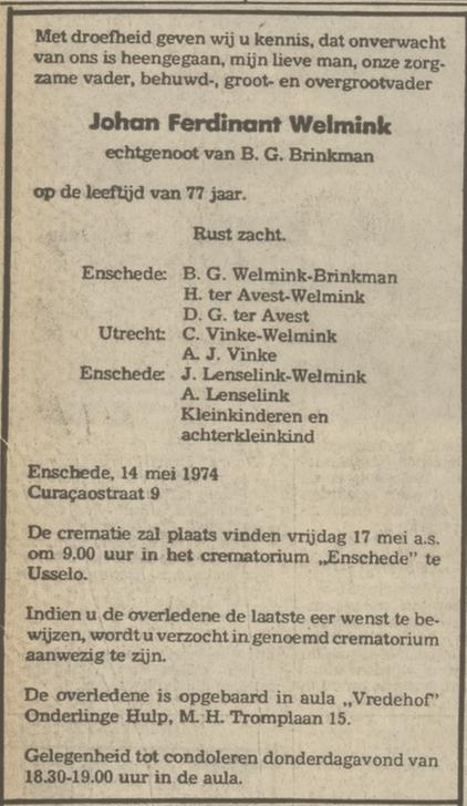 Curacaostraat 9 J.F. Welmink overlijdensadvertentie Tubantia 15-5-1974.jpg