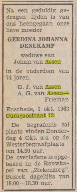 Curacaostraat 12 G.J. van Assen-Denekamp overlijdensadvertentie Tubantia 2-10-1962.jpg