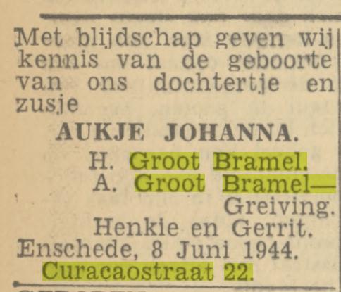 Curacaostraat 22 H. Groot Bramel advertentie Twentsch nieuwsblad 10-6-1944.jpg