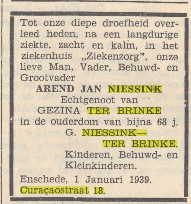 Curacaostraat 18 Arend Jan Niessink overlijdensadvertentie 3-1-1939.jpg