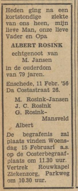 Da Costastraat 26 Albert Rosink overlijdensadvertentie Tubantia 13-2-1956.jpg