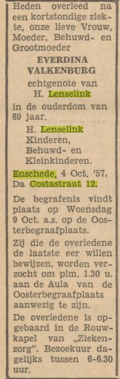 Da Costastraat 16 E. Lenselink-Valkenburg overlijdensadvertentie Tubantia 7-10-1957.jpg