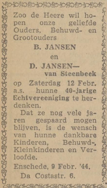 Da Costastraat 6 B. Jansen advertentie Twentsch nieuwsblad 9-2-1944.jpg