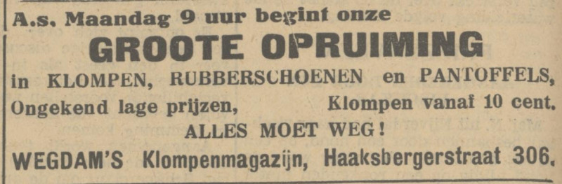 Haaksbergerstraat 306 klompenmagazijn Wegdam advertentie Tubantia 26-8-1933.jpg