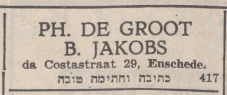 Da Costastraat 29 Ph. de Groot advertentie Nieuw Israelitisch weekblad 23-9-1938.jpg
