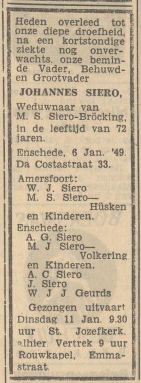 Da Costastraat 33 Johannes Siero overlijdensadvertentie Tubantia 7-1-1949.jpg