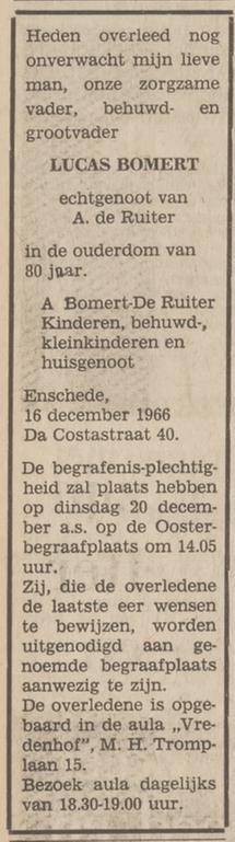 Da Costastraat 40 Lucas Bomert overlijdensadvertentie Tubantia 17-12-1966.jpg