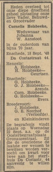 Da Costastraat 44 Cornelis Holsbeeke overlijdensadvertentie Tubantia 20-9-1948.jpg