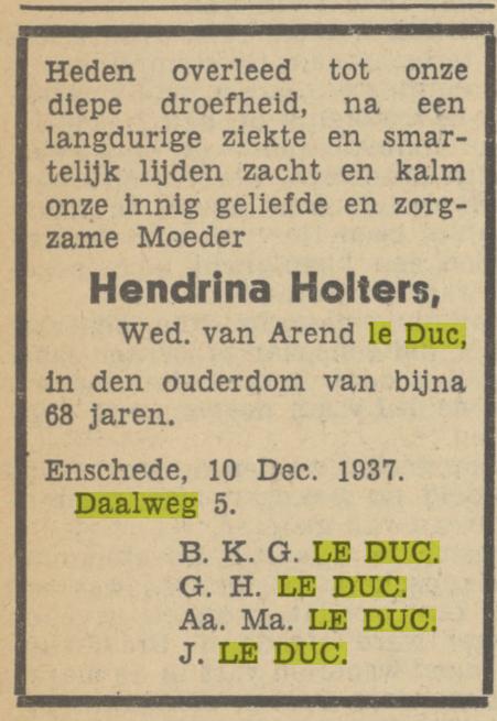 Daalweg 5 H. Le Duc-Wolters overlijdensadvertentie Tubantia 10-12-1937.jpg