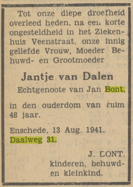 Daalweg 31 J. Bont-van Dalen overlijdensadvertentie Tubantia 14-8-1941.jpg