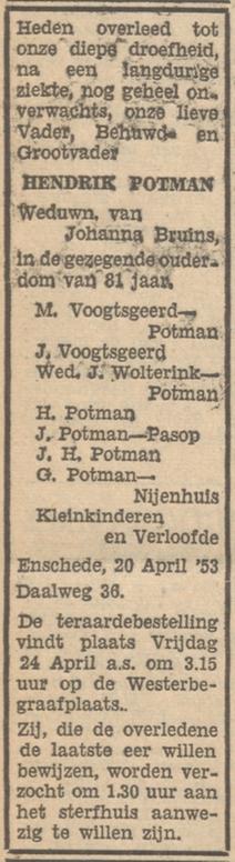 Daalweg 36 Hendrik Potman overlijdensadvertentie Tubantia 22-4-1953.jpg